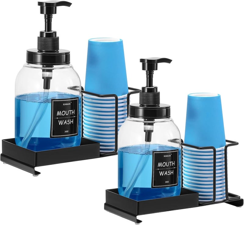 Summark Mouthwash Dispenser for Bathroom,Mouth Wash Pump Bottle with Stainless Steel Cup Holder,24 OZ Refillable Clear Mouthwash Container(2Pack) - Image 1